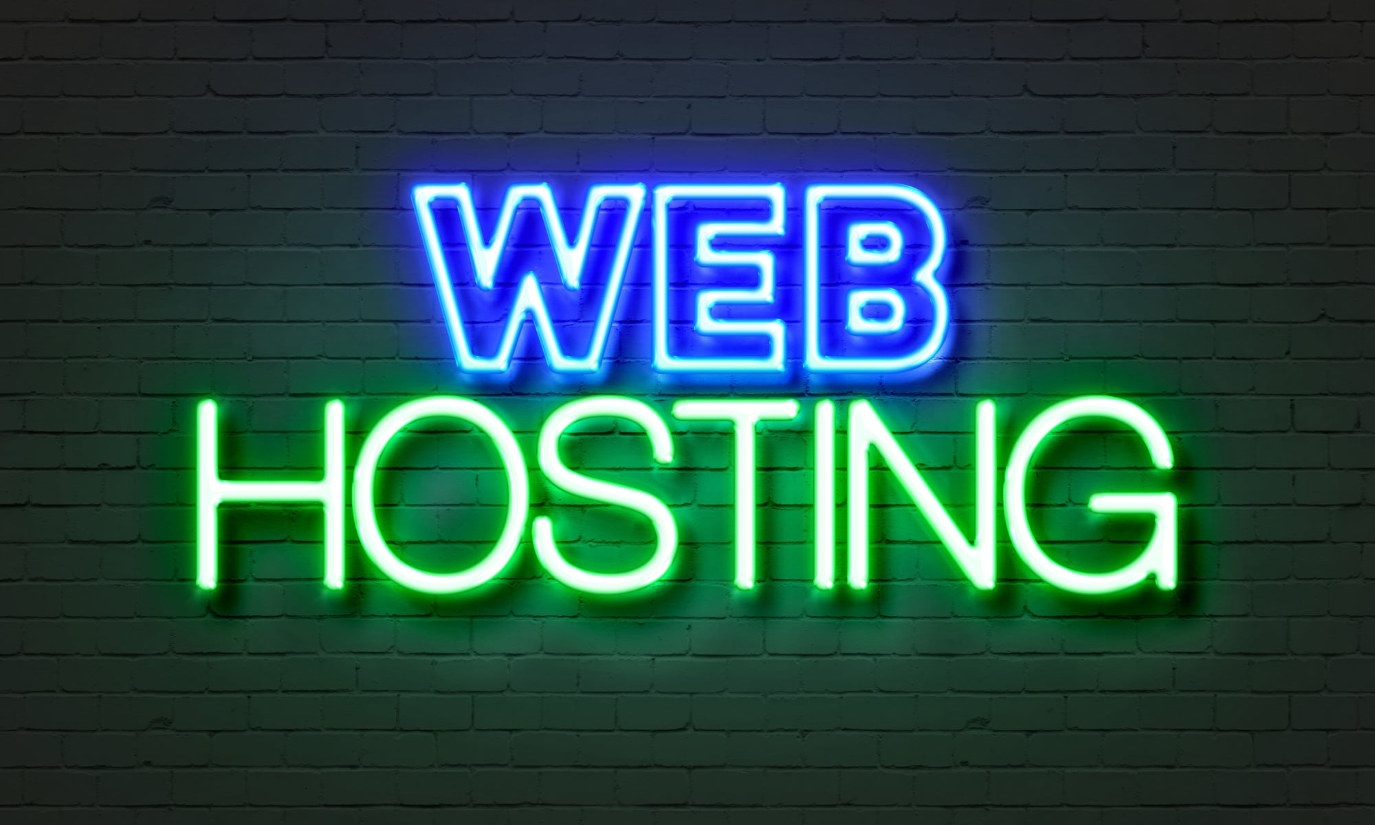 Web hosting neon sign on brick wall background.